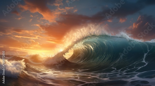 Painting of a sunset over a wave breaking on the ocean Generative AI