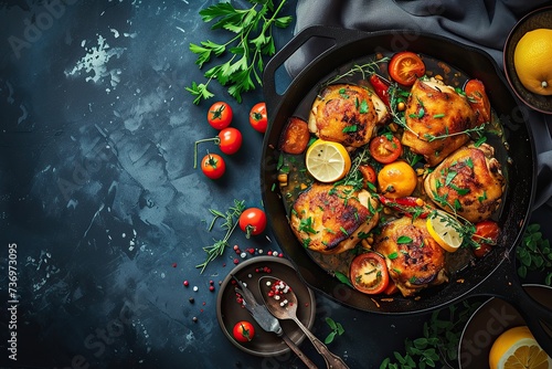 Oven Roasted Greek Chicken Quarters in a Cast Iron Skillet Pieces of chicken marinated in Greek yogurt lemons and herbs. Creative Banner. Copyspace image © LivroomStudio
