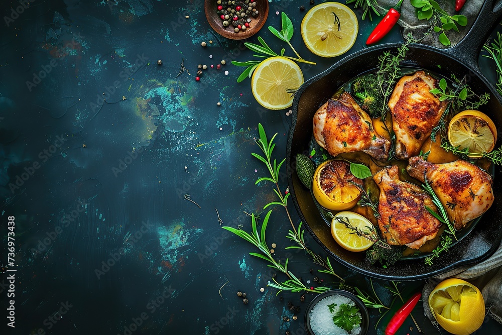 Oven Roasted Greek Chicken Quarters in a Cast Iron Skillet Pieces of