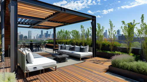 Luxurious Outdoor Rooftop Terrace, Modern Relaxation Patio Furniture, Wood Decking, Private Greenery Landscape, Pergola Shade, Sunny Sky Panoramic City Skyline View - Ultimate Peace and Tranquility Ga © Michael