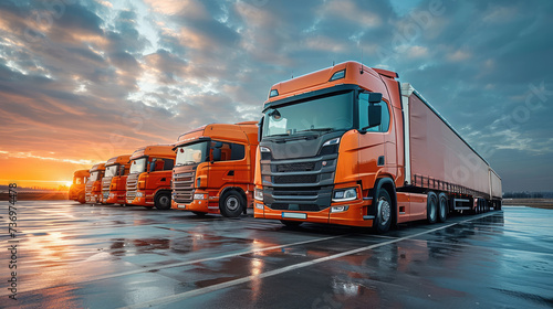 Fleet of orange cargo trucks lined up on wet tarmac against a dramatic sunset sky