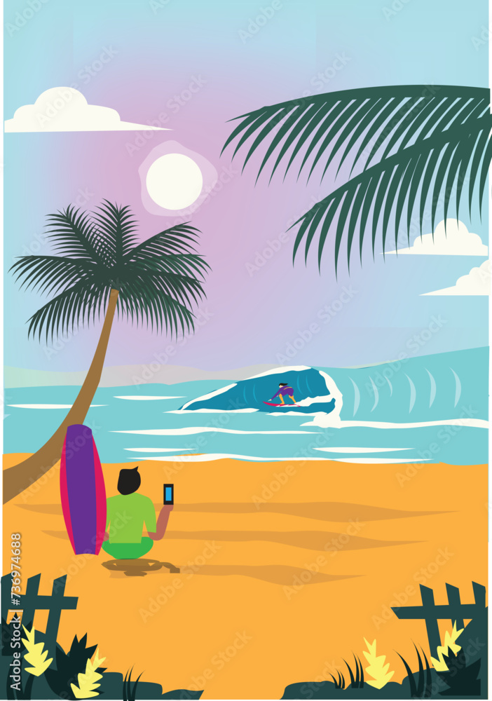 A beautiful surfing location with a person taking a video of the surfer drawing concept. Editable Clip Art.