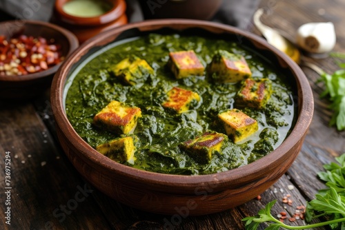 Palak paneer curry with rustic kitchen background