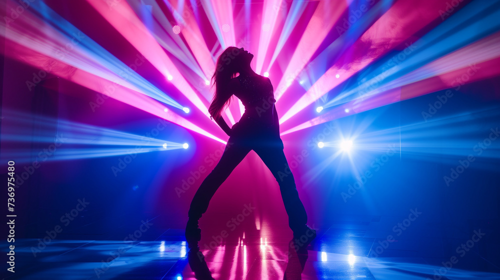 Vibrant Stage Performance by Silhouetted Female Singer Backlit with Dynamic Lighting, Mid-Performance Creating Energetic Spectacle with Reflective Stage Floor and Dramatic Visual Effect