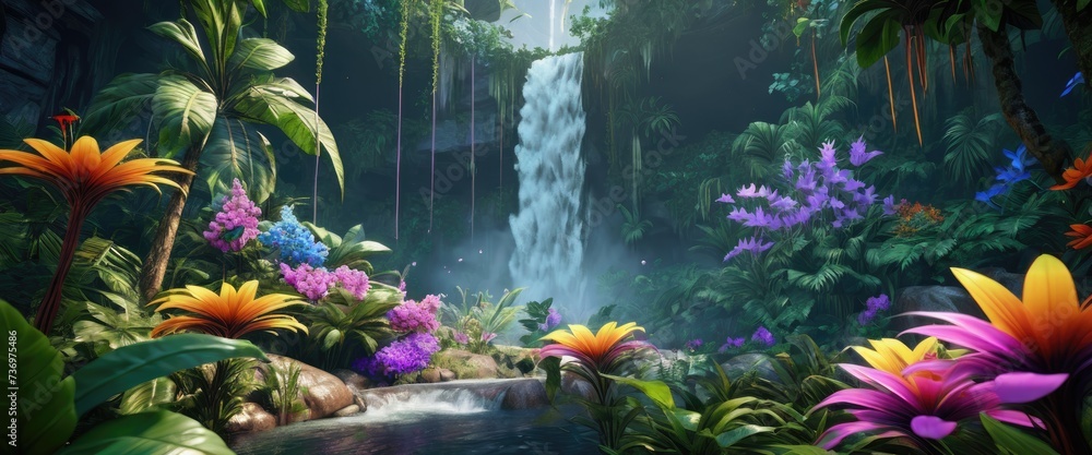 Waterfall in the middle of a jungle filled with colorful flowers and plants. 3d render