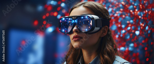 Young ladies donning virtual reality goggles. VR, gadgets, technology, and the future VR headset holographic banner with wireframe and low polygons. Man with a polygonal headgear and virtual reality