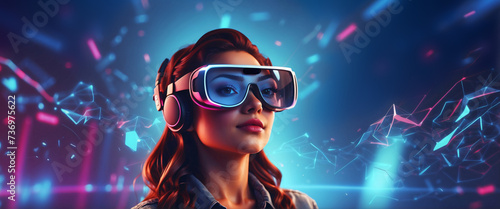 Excited young woman having virtual reality experience in neon light