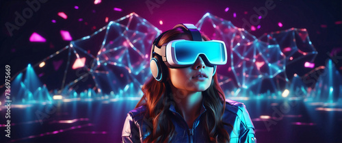 Excited young woman having virtual reality experience in neon light