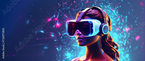 Excited young woman having virtual reality experience in neon light