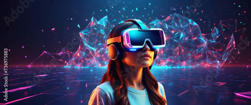Excited young woman having virtual reality experience in neon light