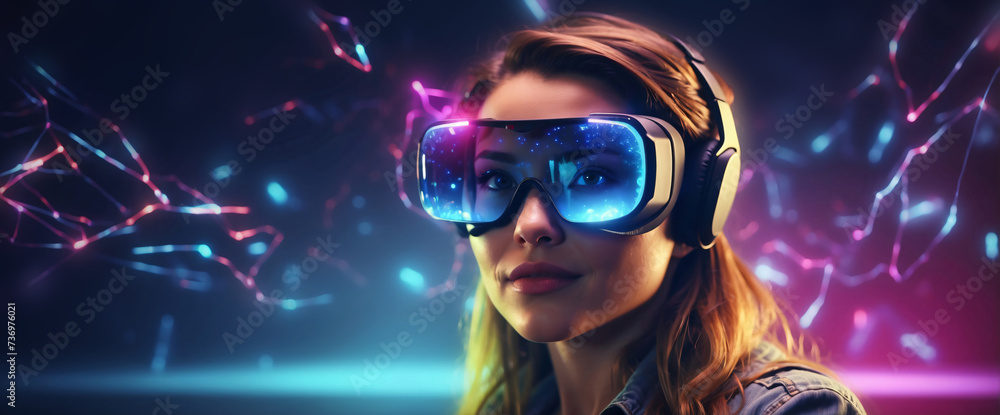 Excited young woman having virtual reality experience in neon light Excited young woman having virtual reality experience in neon light