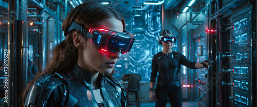 close-up of a young woman playing a modern game while using virtual reality goggles. 