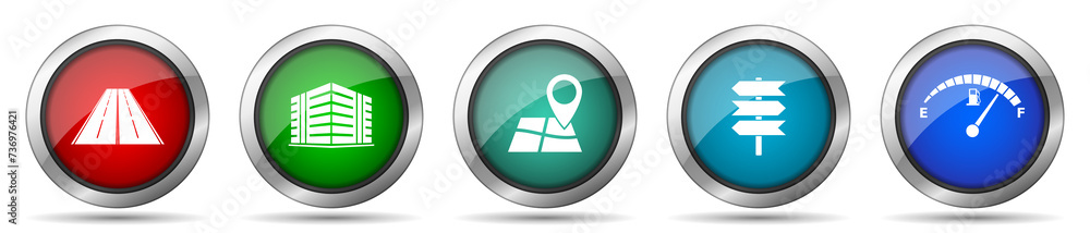 Travel icon set, miscellaneous icons such as road, building, navigation, signpost and fuel gauge, silver metallic, colorful glossy web buttons collection Travel icon set, miscellaneous icons such as road, building, navigation, signpost and fuel gauge, silver metallic, colorful glossy web buttons collection