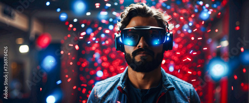 Digital screen concept, connectivity, and interfaces. A trendy hipster donning virtual reality goggles in a contemporary home studio. Smartphone using a VR headset. Horizontal, flare, and blurred. 