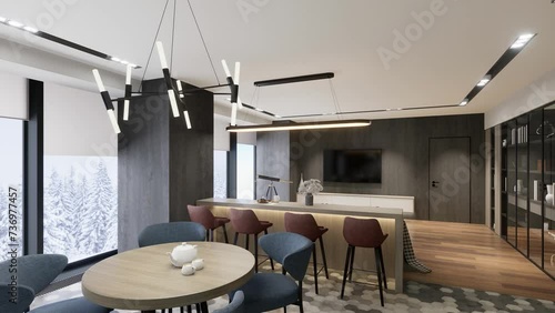 3D render. The camera spans across the common space of the apartment, from the kitchen to the living room. Floor-to-ceiling windows. Winter outside the window photo