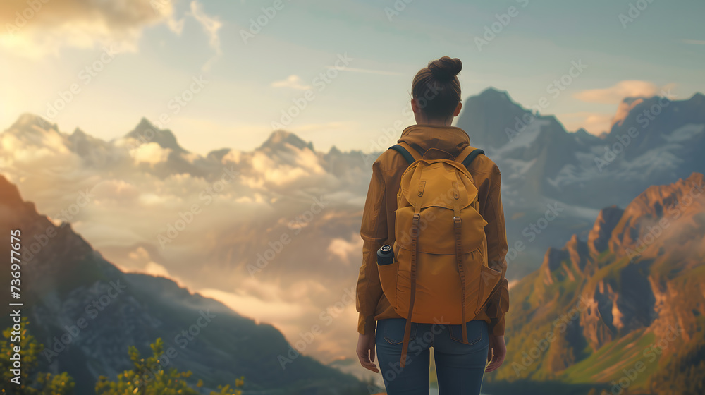 A woman hiker stands triumphantly atop a majestic mountain, surrounded by breathtaking nature A woman hiker stands triumphantly atop a majestic mountain, surrounded by breathtaking nature
