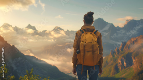 A woman hiker stands triumphantly atop a majestic mountain, surrounded by breathtaking nature