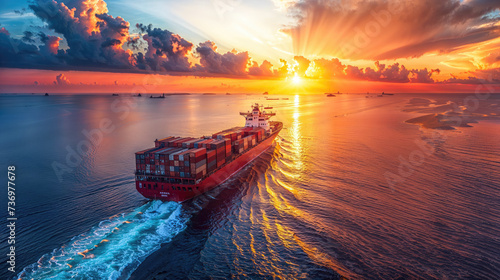 Cargo ship full of containers navigating through calm waters at a stunning sunrise