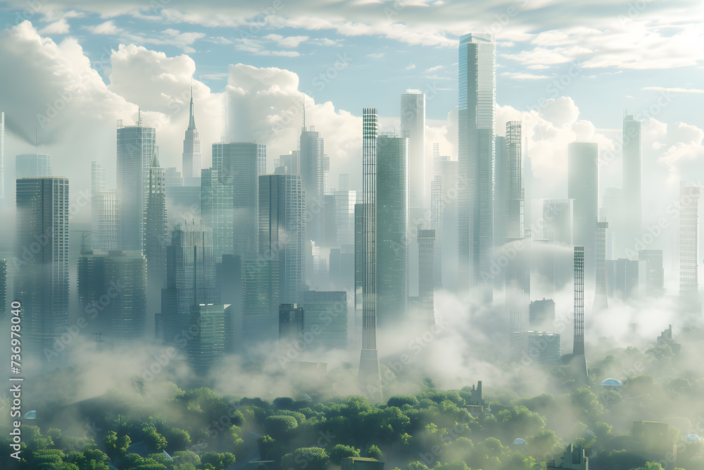 City skyline under clouds and fog pm 2.5 at sunset City skyline under clouds and fog pm 2.5 at sunset