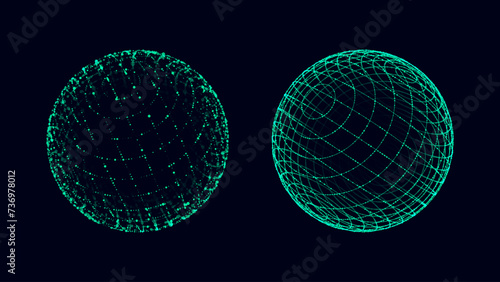 Abstract Green 3D Sphere with Connecting Dots and Lines. Big Data Visualization. Hi-Tech Orb HUD Design Element. Global Network Connection. Science and Technology Vector Illustration.
