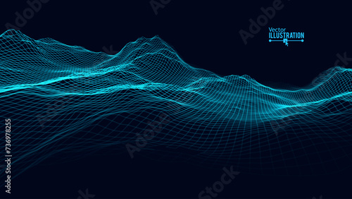 Blue Wireframe Landscape Wire with Depth of Field Effect. 3D Topographic Map Background Concept. Geography Concept. Tech Wavy Backdrop. Space Game Surface HUD Design Element.