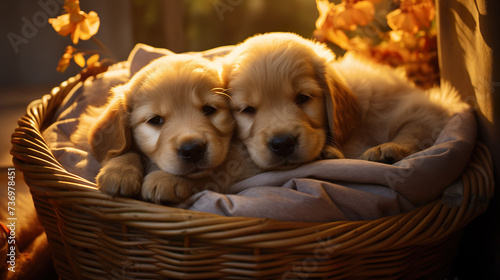 Cute puppies cuddling in a small basket - soft fur of small cute dogs | Generative AI