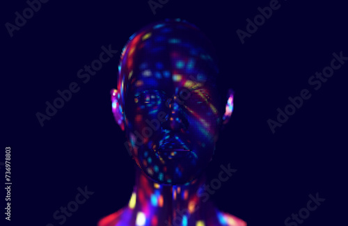 Artificial Intelligence Human Like Head Abstract Future Technology. Woman Face Dots Lights. AI Facial Recognition System Concept. Biometric Scanning, 3D Scanning. Vector Illustration.
