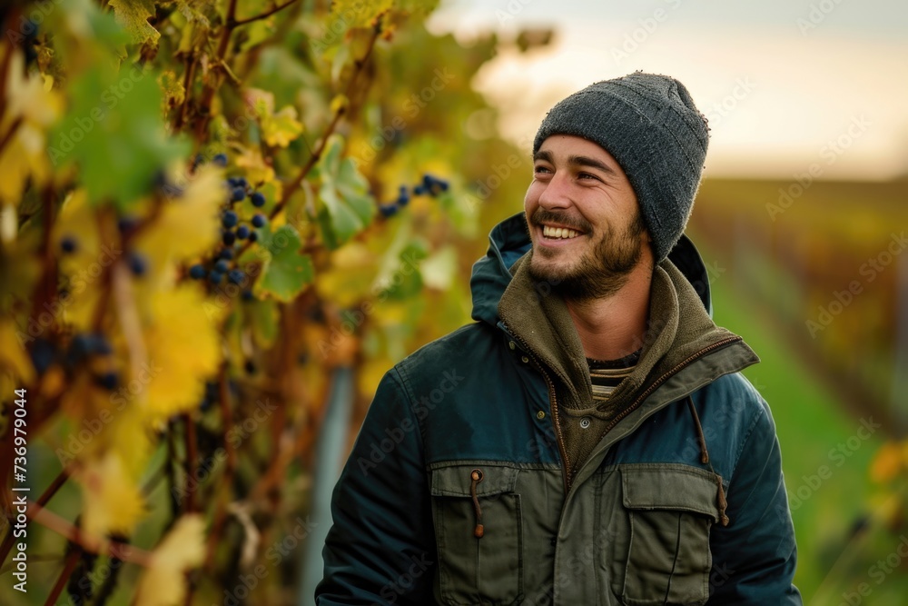 Smiling farm worker wearing jacket at vineyard Smiling farm worker wearing jacket at vineyard