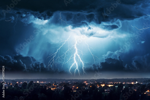 a lightning storm is seen over a city at night time with a dark sky and clouds in the background, generative ai