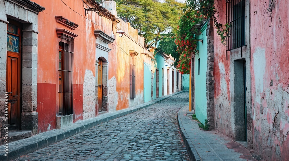 Fototapeta premium A quaint, colorful Mexican village street, evoking a sense of history and culture, perfect for travel and location-based designs, with ample space for text.