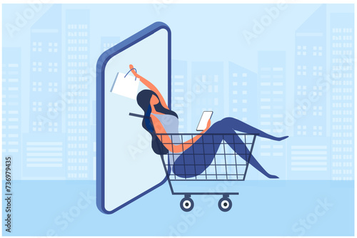 Online shopping concept, woman using mobile ordering shopping vector illustration