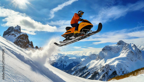 Side view of a man landing a jump on a snowmobile in a snowy landscape. Snow-capped peaks and blue sky with clouds in the background. Generative Ai. photo