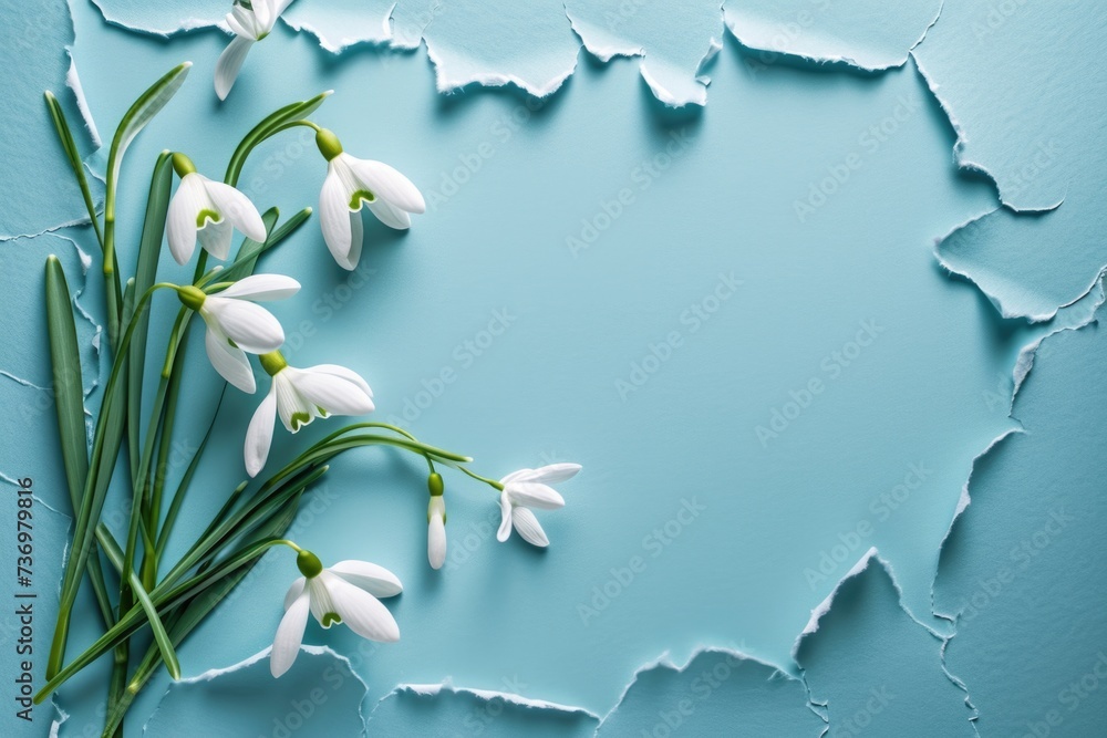 Spring greeting card with torn paper and Snowdrops flowers - obrazy, fototapety, plakaty 