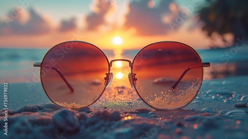 A creative perspective captures a tropical sunset reflected in a pair of sunglasses on the beach, ideal for travel and vacation themes, advertising sunny getaways with ample text space.