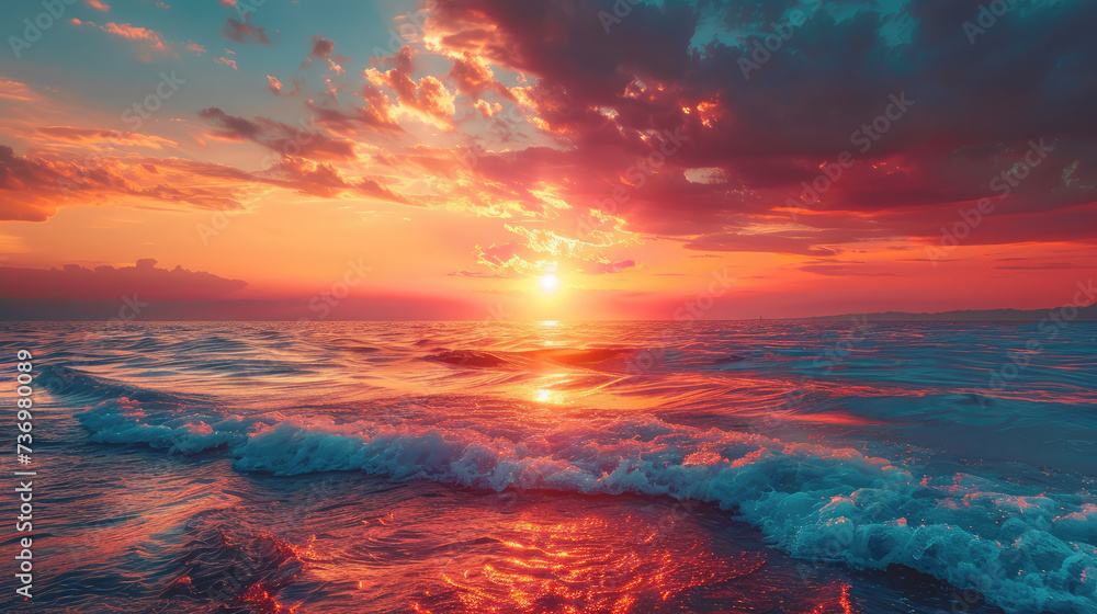 Captivating ocean sunset with vibrant clouds and the sun reflecting on the water's surface. - obrazy, fototapety, plakaty 