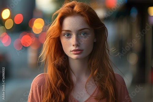 Beautiful young woman with red hairs and green eyes with city life like New York on background. © Irina Schmidt