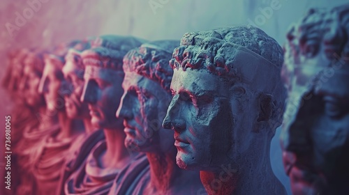 A line of classical busts is enveloped in a surreal, ethereal blue and red light, presenting a philosophical, historical concept, ideal for cultural, educational, or artistic applications.