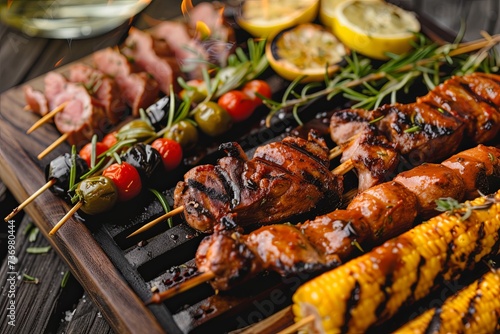 Assorted delicious grilled meat with vegetables on trendy barbecue food board. different food, top view.