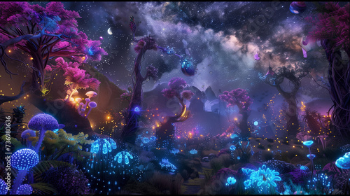 Create an otherworldly forest scene with bioluminescent plants and fantastical creatures under a starry sky