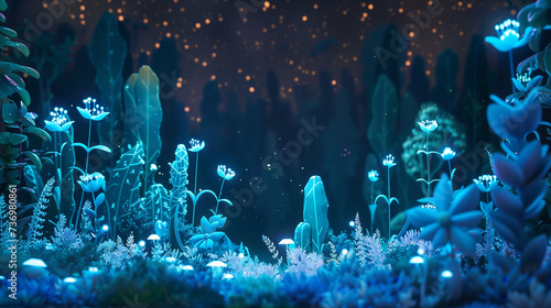 Create an otherworldly forest scene with bioluminescent plants and fantastical creatures under a starry sky