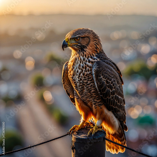 View of a cool hawk standing on a high power line on a busy street. Generative ai photo