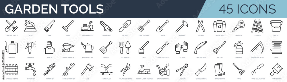 Set of 45 outline icons related to garden tools. Linear icon collection. Editable stroke. Vector illustration Set of 45 outline icons related to garden tools. Linear icon collection. Editable stroke. Vector illustration