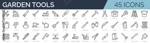 Set of 45 outline icons related to garden tools. Linear icon collection. Editable stroke. Vector illustration