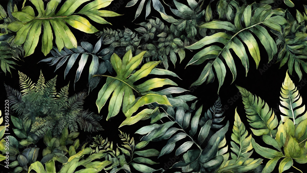 Fototapeta premium Top view of green watercolor tropical leaves background