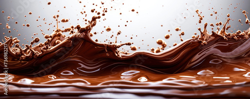 Silky smooth chocolate waves and splashes, rich and glossy, flowing in an elegant dynamic movement, perfect for luxurious dessert backgrounds