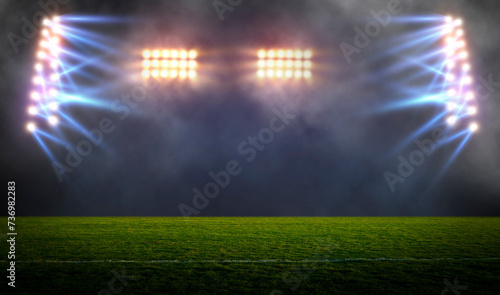 Green soccer field  bright spotlights   