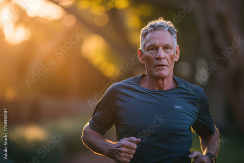 Senior Caussian man running in the park under the morning sun, health and activity in old age