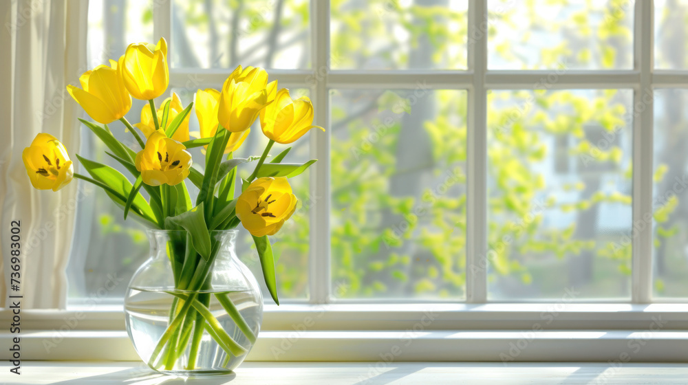 Vase Filled With Yellow Flowers on Window Sill Vase Filled With Yellow Flowers on Window Sill