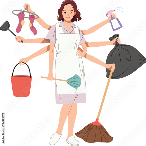 Maid housekeeping hands multitasking illustration