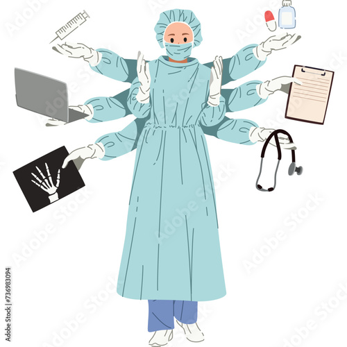 Surgeon doctor hands multitasking skill illustration